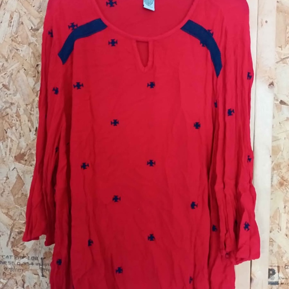 Catherines Red Blouse with Blue Accents